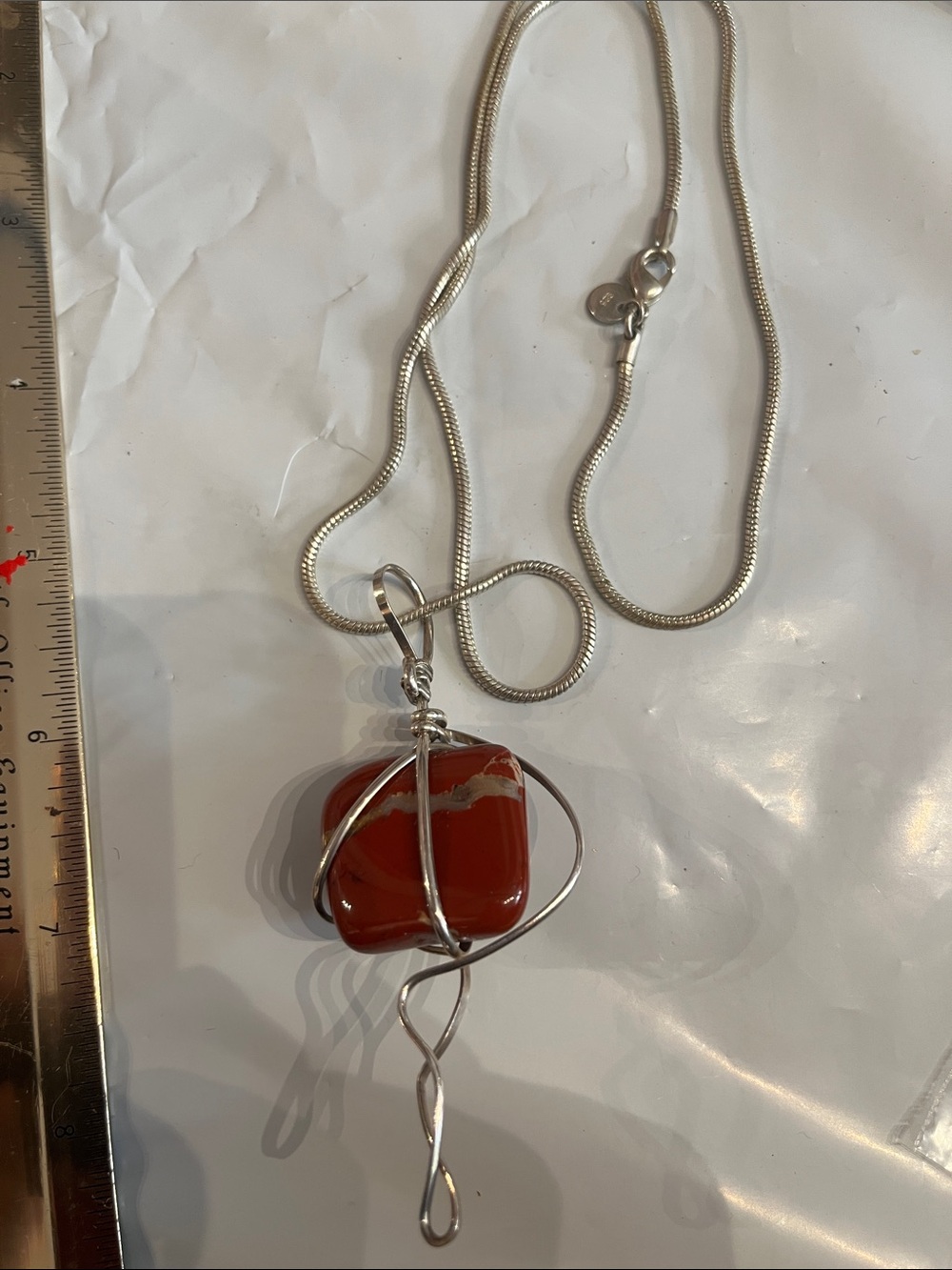 925 STERLING CHAIN WITH-HAND WIRED JASPER STONE PENDANT , great cond